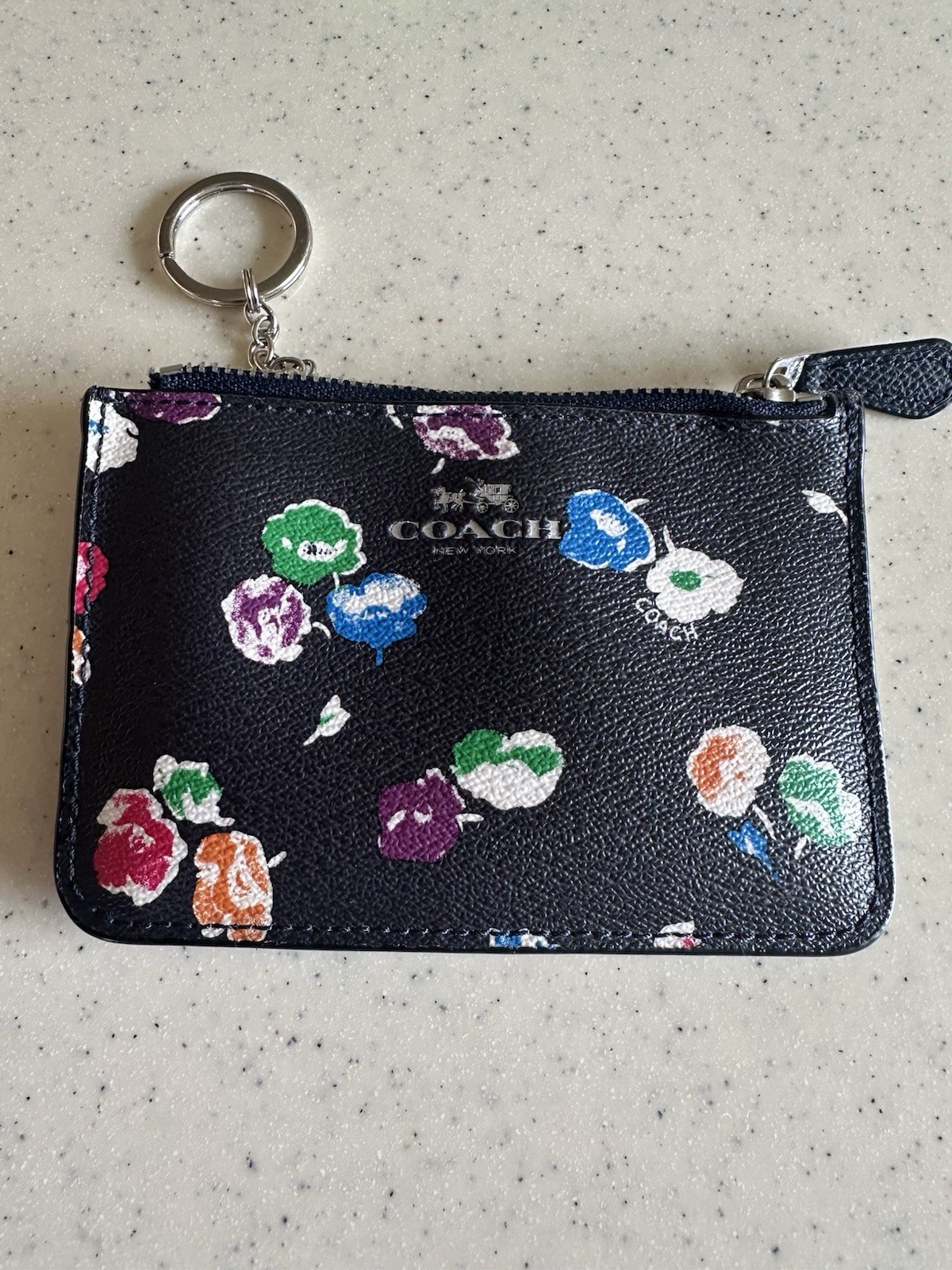 Coach Womens Zip Top Floral Logo Leather Keychain Pouch Wallet Black Multi
