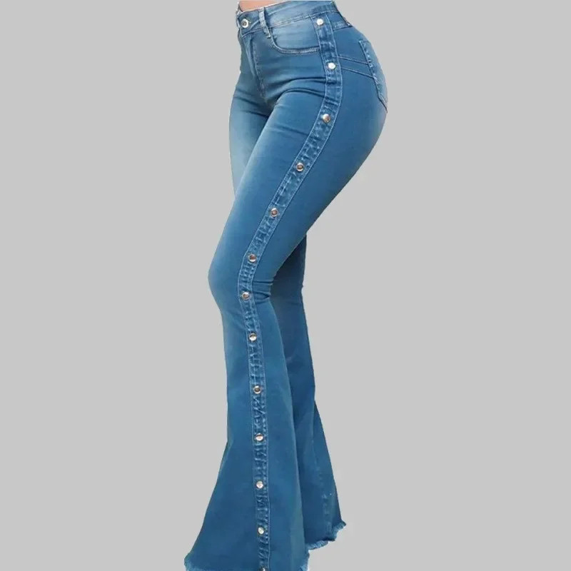 Jeans High Waist Strecth Denim Flare Pants Women Vintage Trousers Buttons Denims
