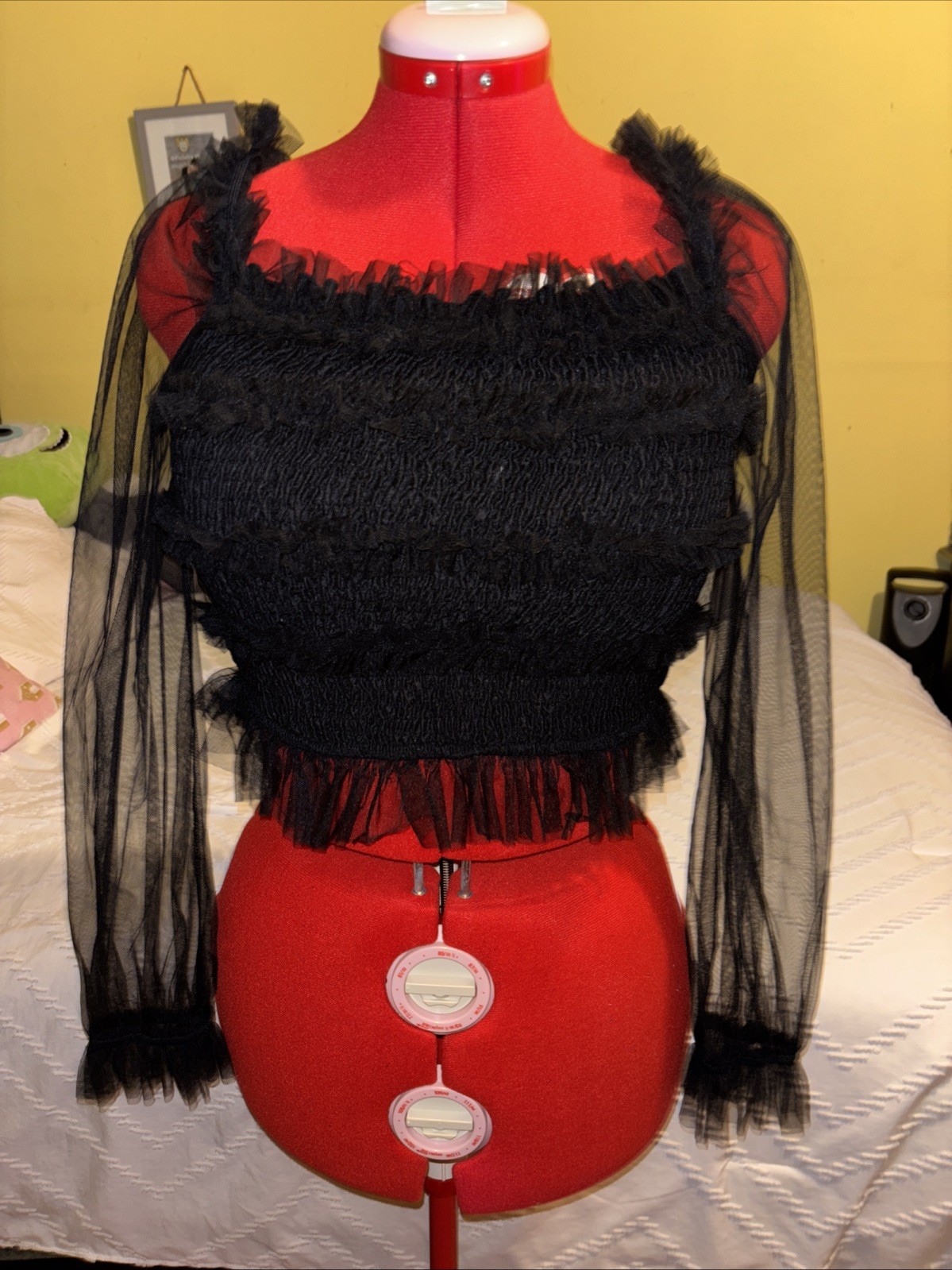 Sheer Tulle Fabric Lace Crop Blouse Size L Super Lightweight
