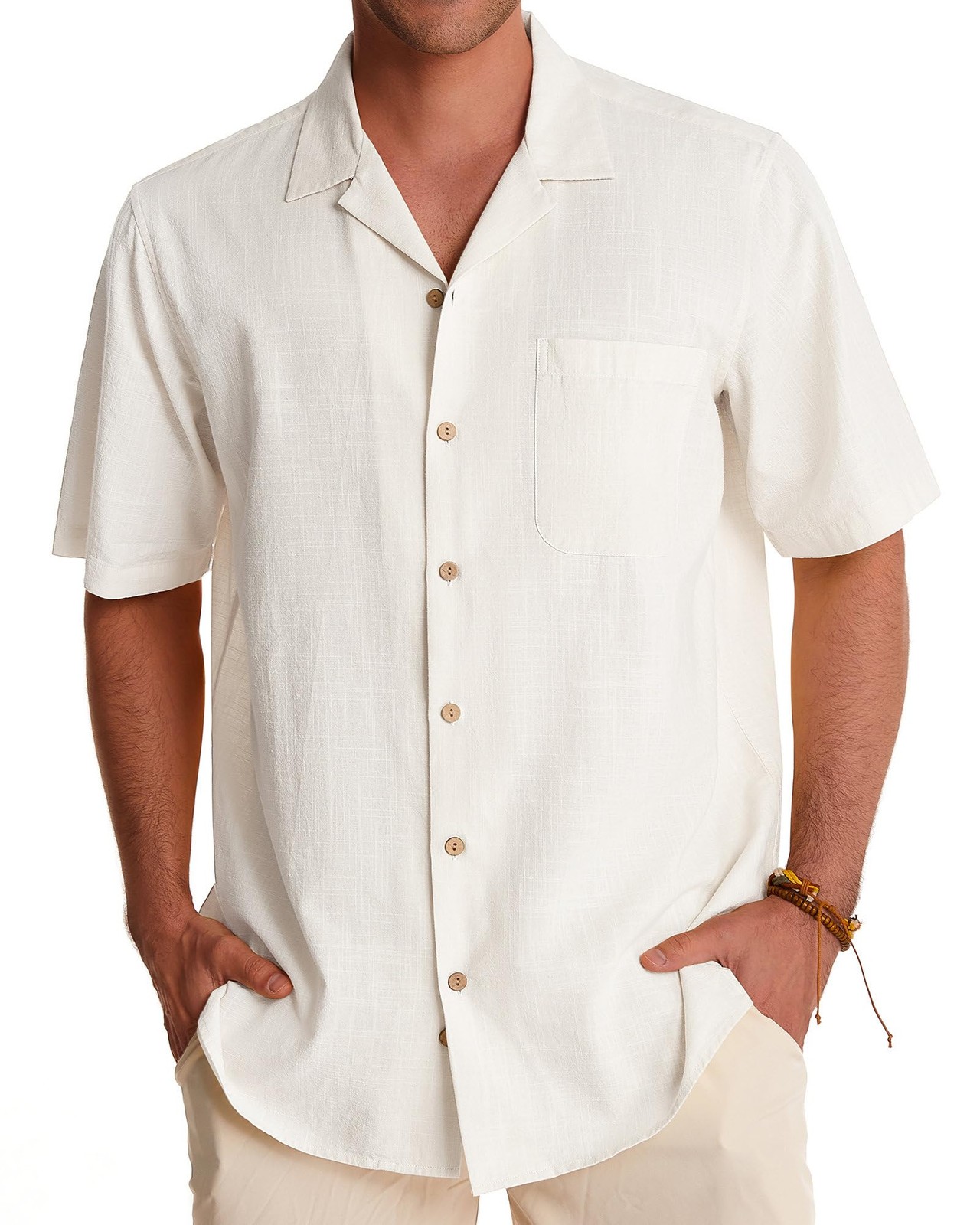Mens Short Sleeve Linen Cotton Hawaiian Shirt Button Down Cuban Beach Tops