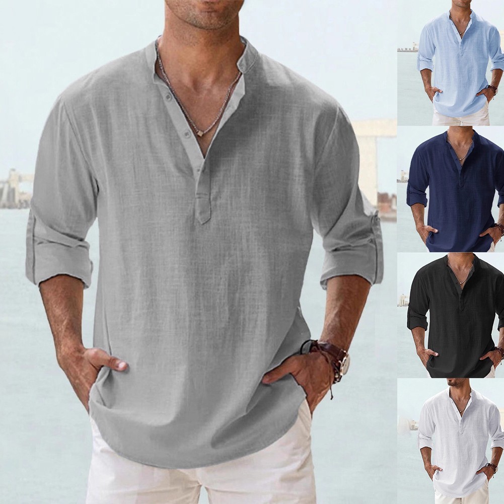 Men Linen Shirt Office Casual Stretch Fabric 80%Cotton Blend+20%Spandex