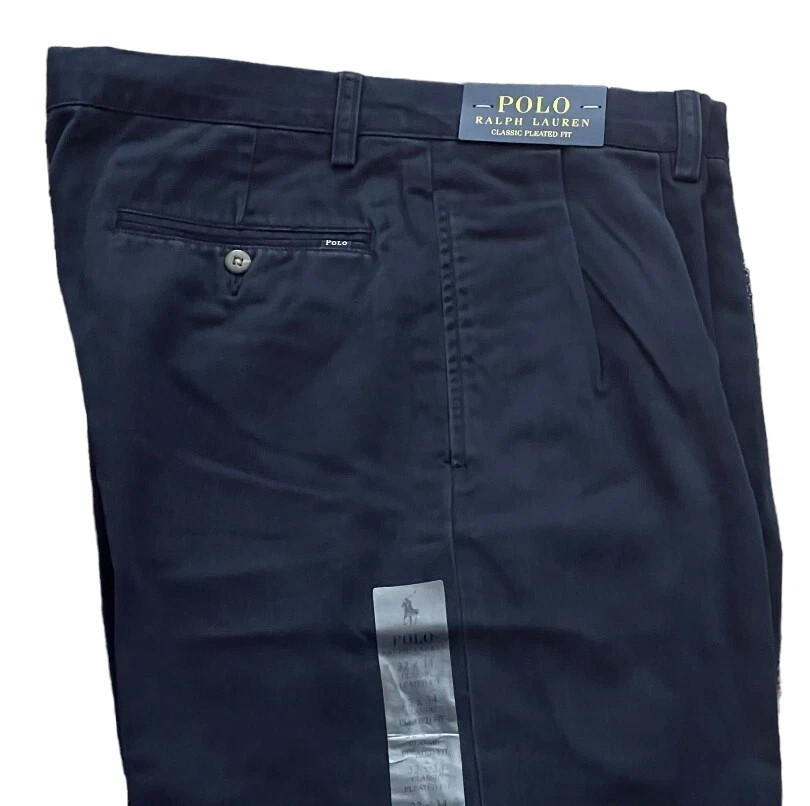 Men Polo Ralph Lauren Logo Chino Classic Fit Pleated Golf Work Pants Navy 32 34