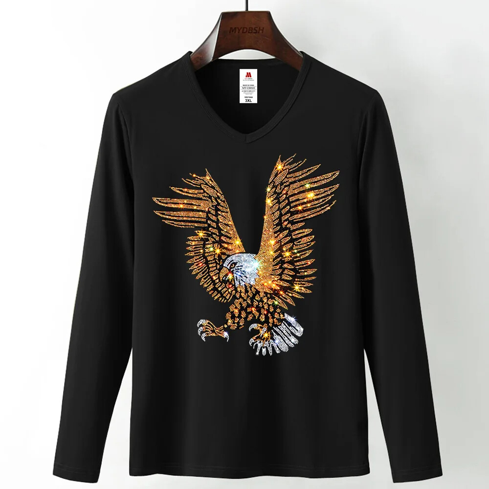 Fashion Trend Eagle Rhinestones Streetwear Long Sleeve Luxury Men V-Neck T-Shirt