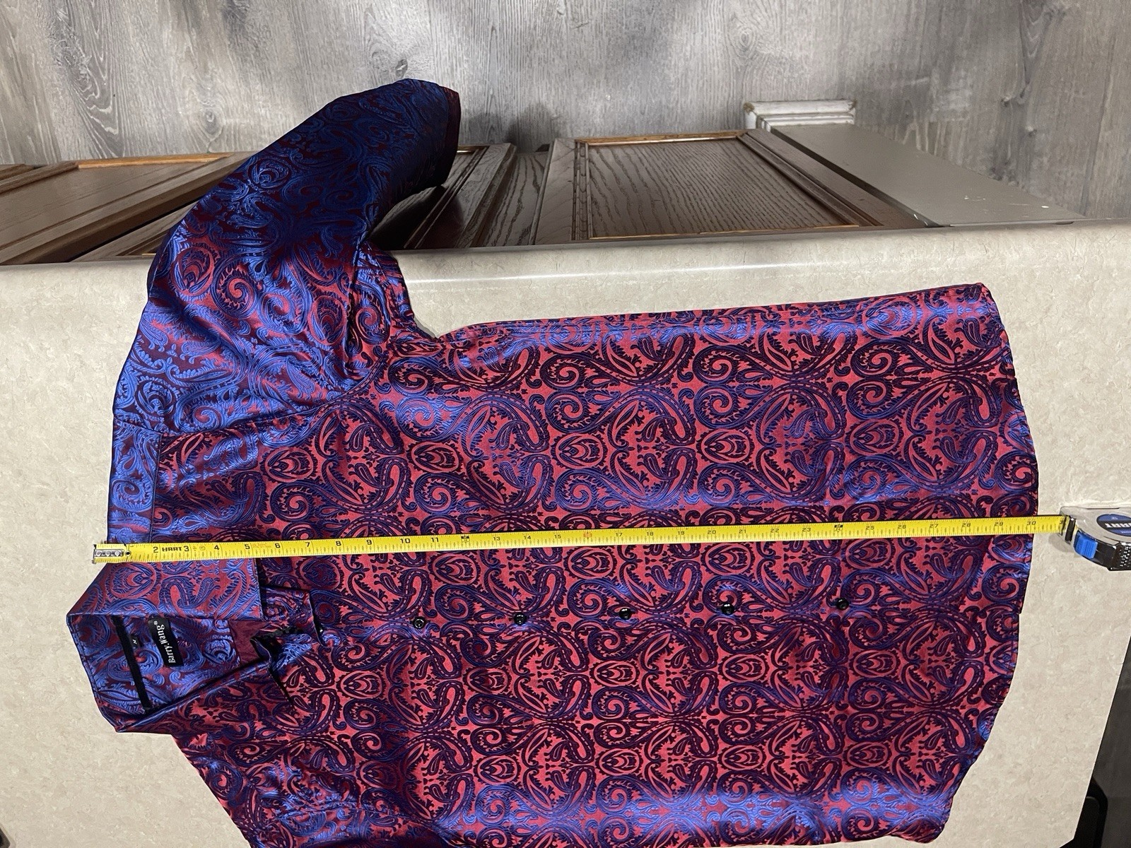 Barry Wang Men’s Red & Blue Paisley Silk Button Down Front Dress Shirt Sz M