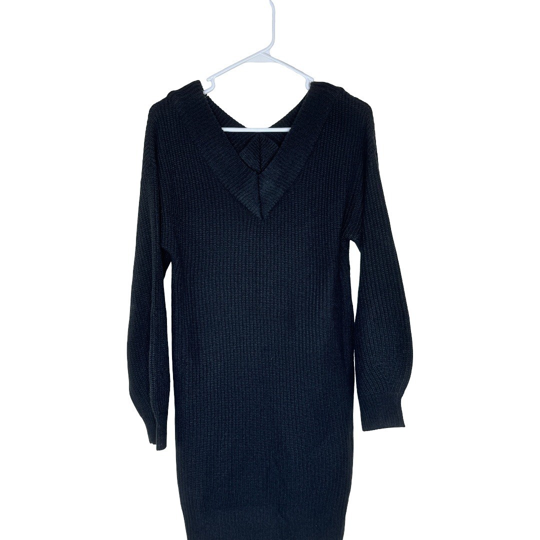 Full Circle Trends Black Double V Shaker Stitch Sweater Dress J3B2089S Large NWT