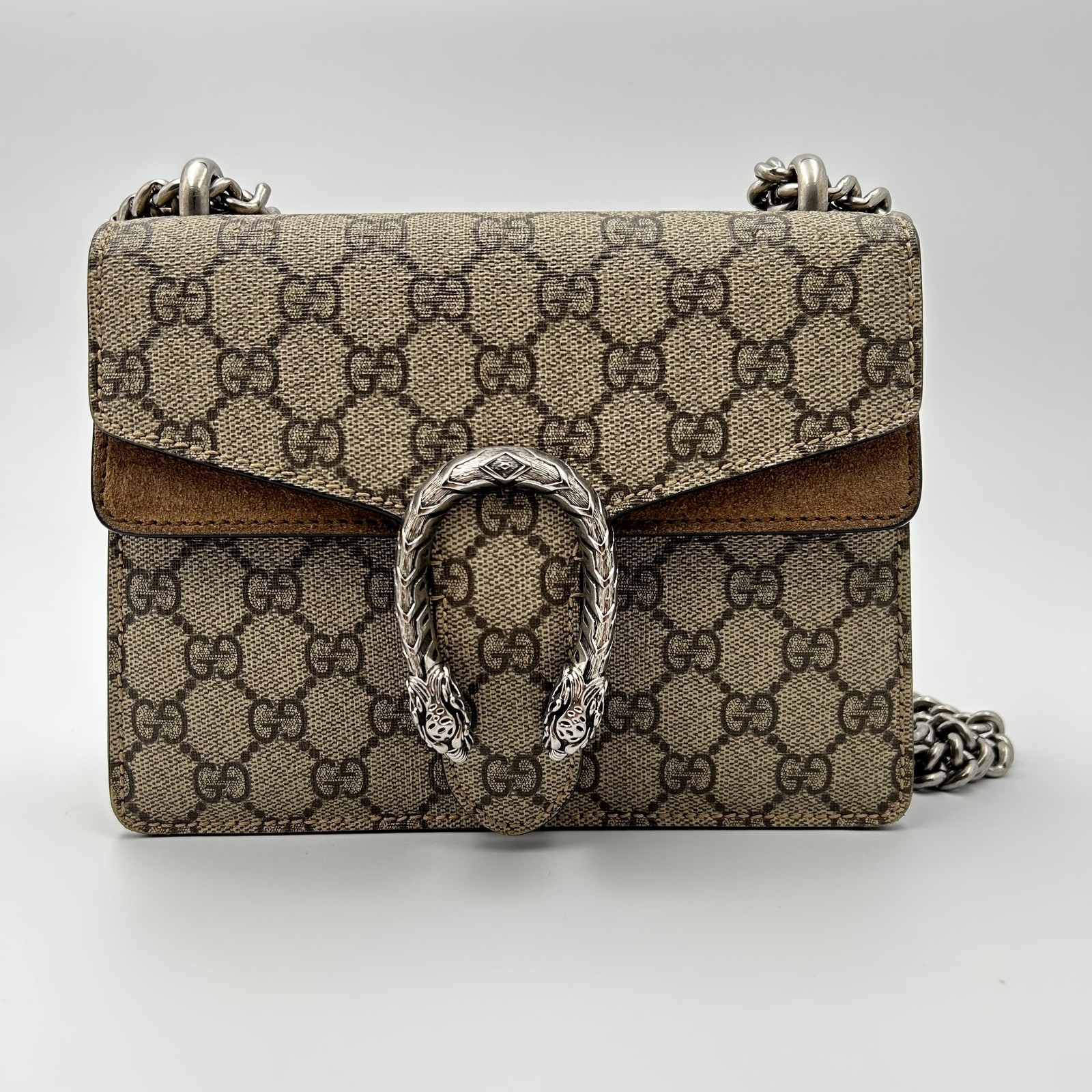 GUCCI Dionysus Mini GG Supreme Canvas Chain Crossbody Shoulder Bag Silver HW
