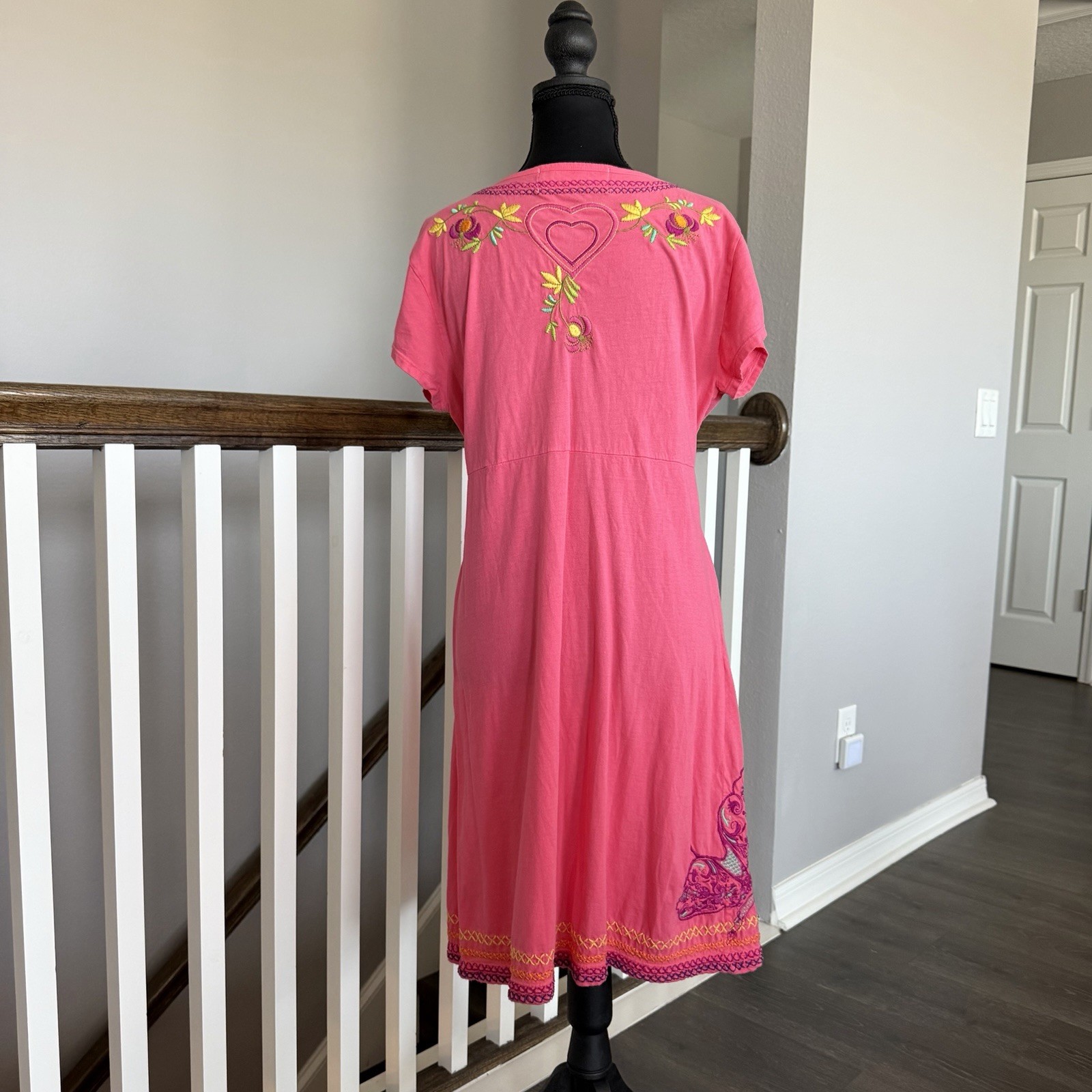 Johnny Was JWLA Dress Pink Embroidered Butterfly Floral Boho Fairy Retro Sz XL