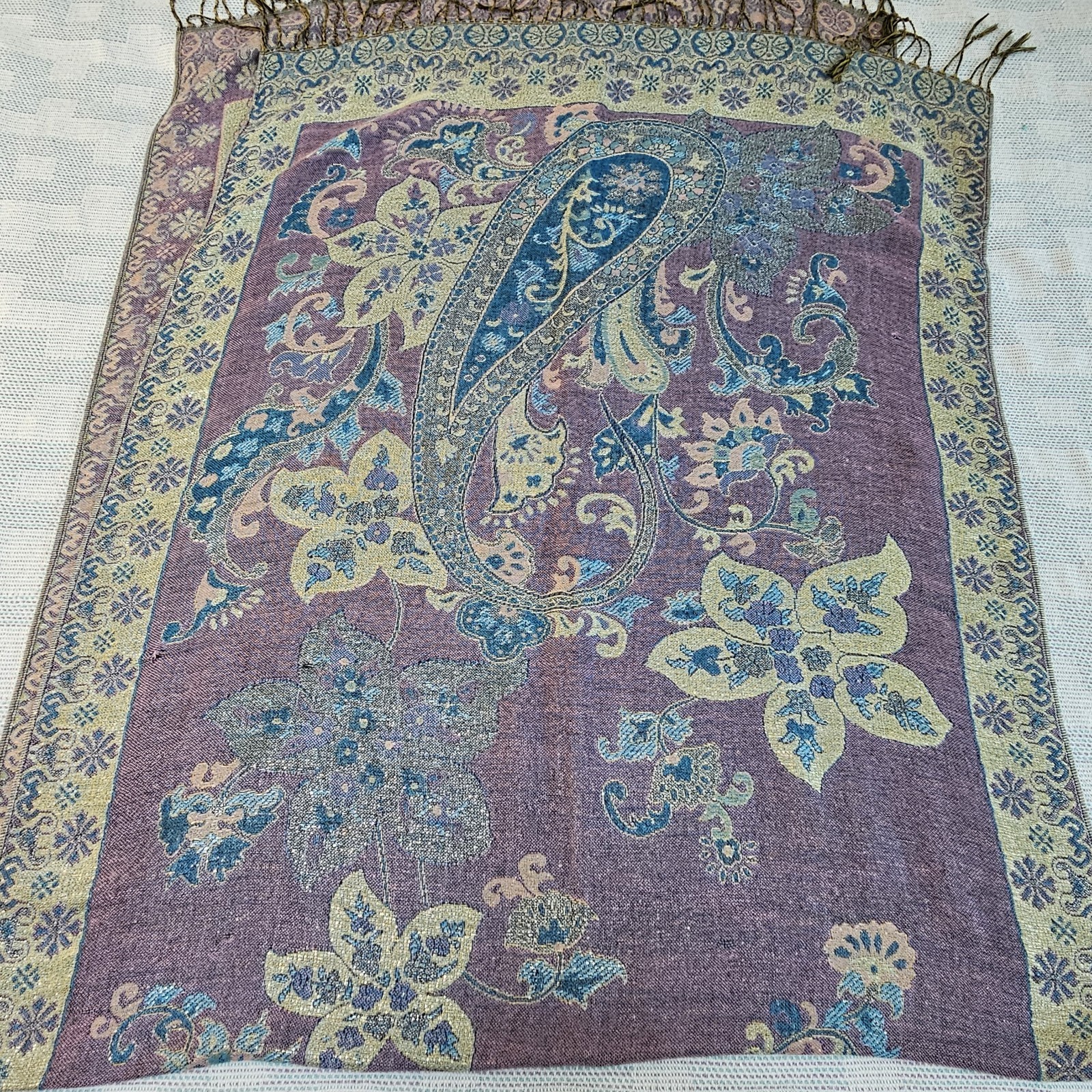 100% Pashmina Wrap Floral Paisley Scarf Shawl Fringe Purple Blue Silver Shimmer
