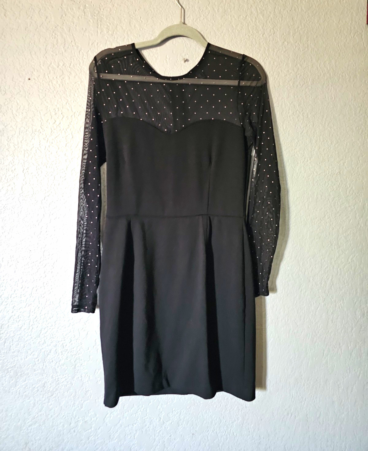 MNG Casual Black Polka Dot Mesh Sheer Yoke Round Neck Long Sleeve Short Dress S