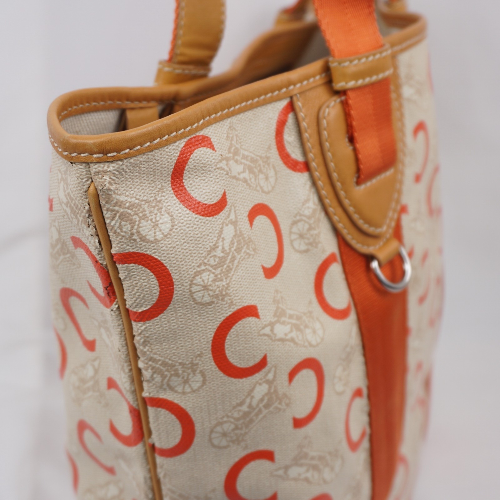 CELINE C Sulky Carriage Horse Tote Bag Coated Canvas Leather Orange Auth