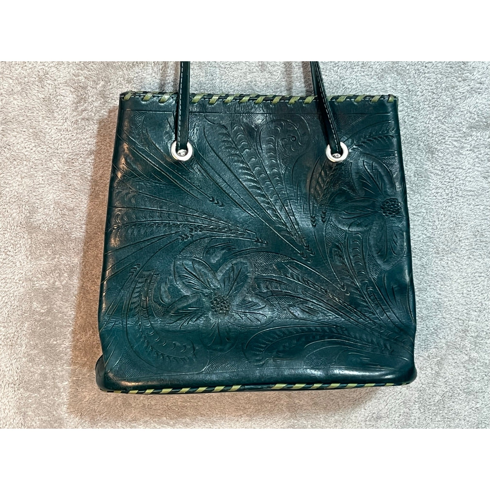 Tooled Leather Purse Green Floral Handmade in Paraguay Handmade Boho Western