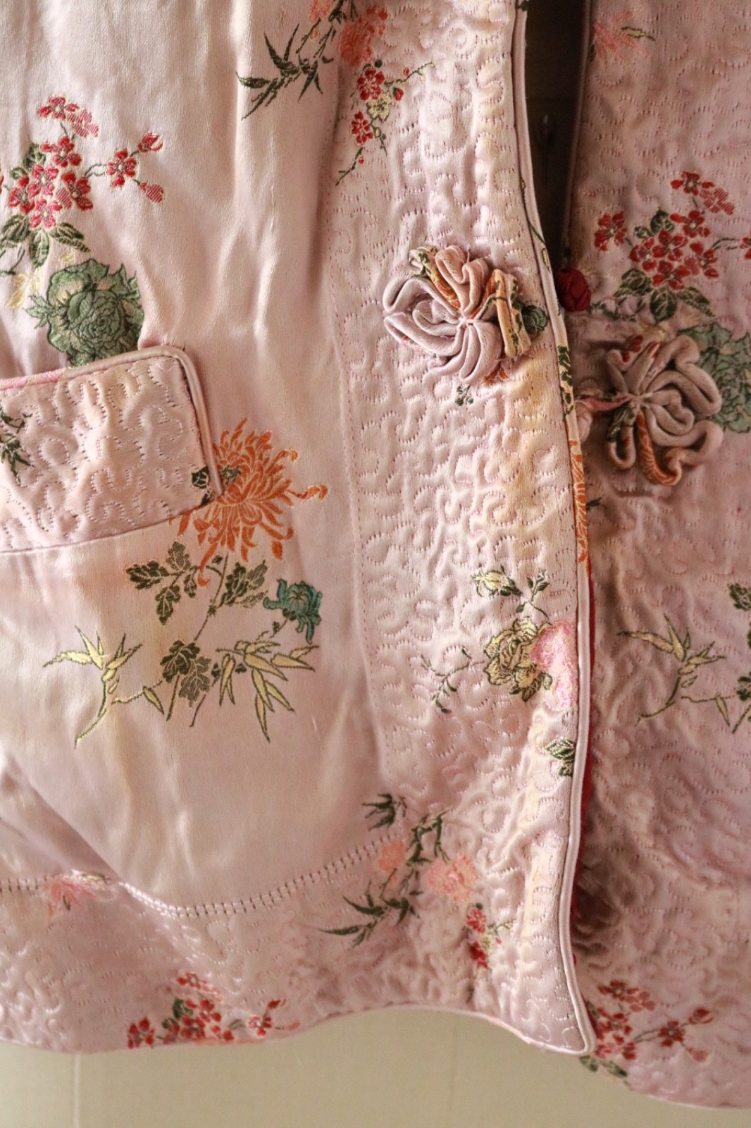 Vintage Reversible Satin Pink & Burgundy Chinoiserie Floral Chinese Jacket READ