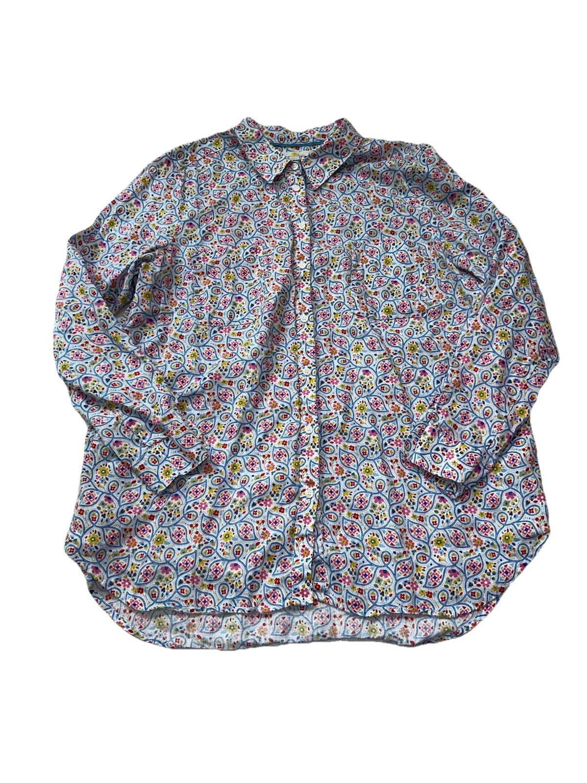 Boden Shirt Size US 14R Linen Floral Blouse Button Up Long Sleeve Beach Resort