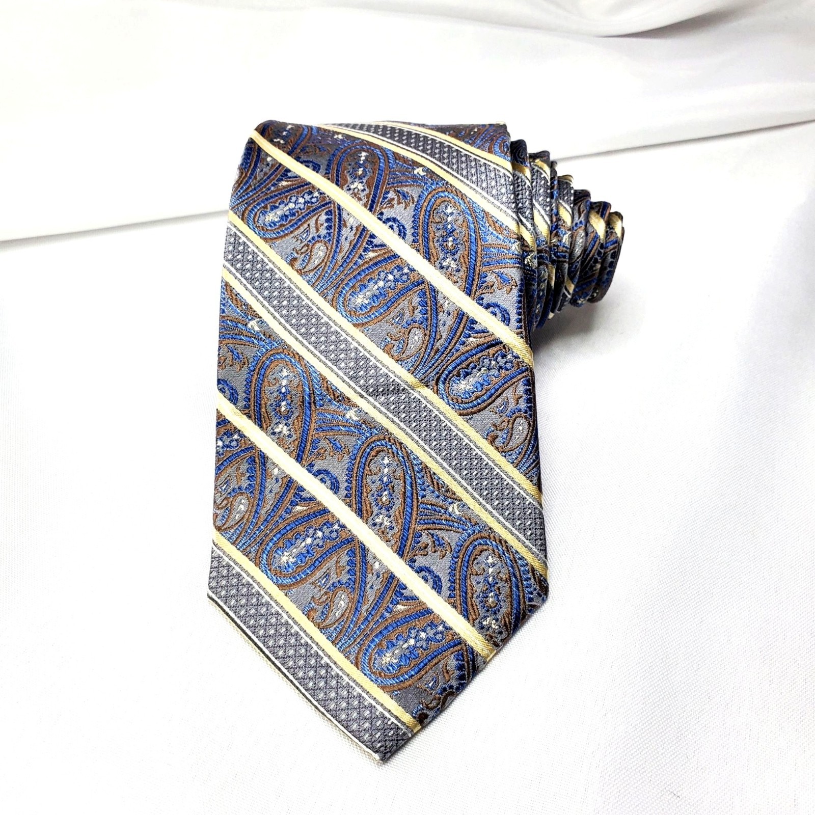 Pronto Uomo Paisley Mens Tie In Blue Brown & Gold Stripes 100% Silk 60.5″x3.25″