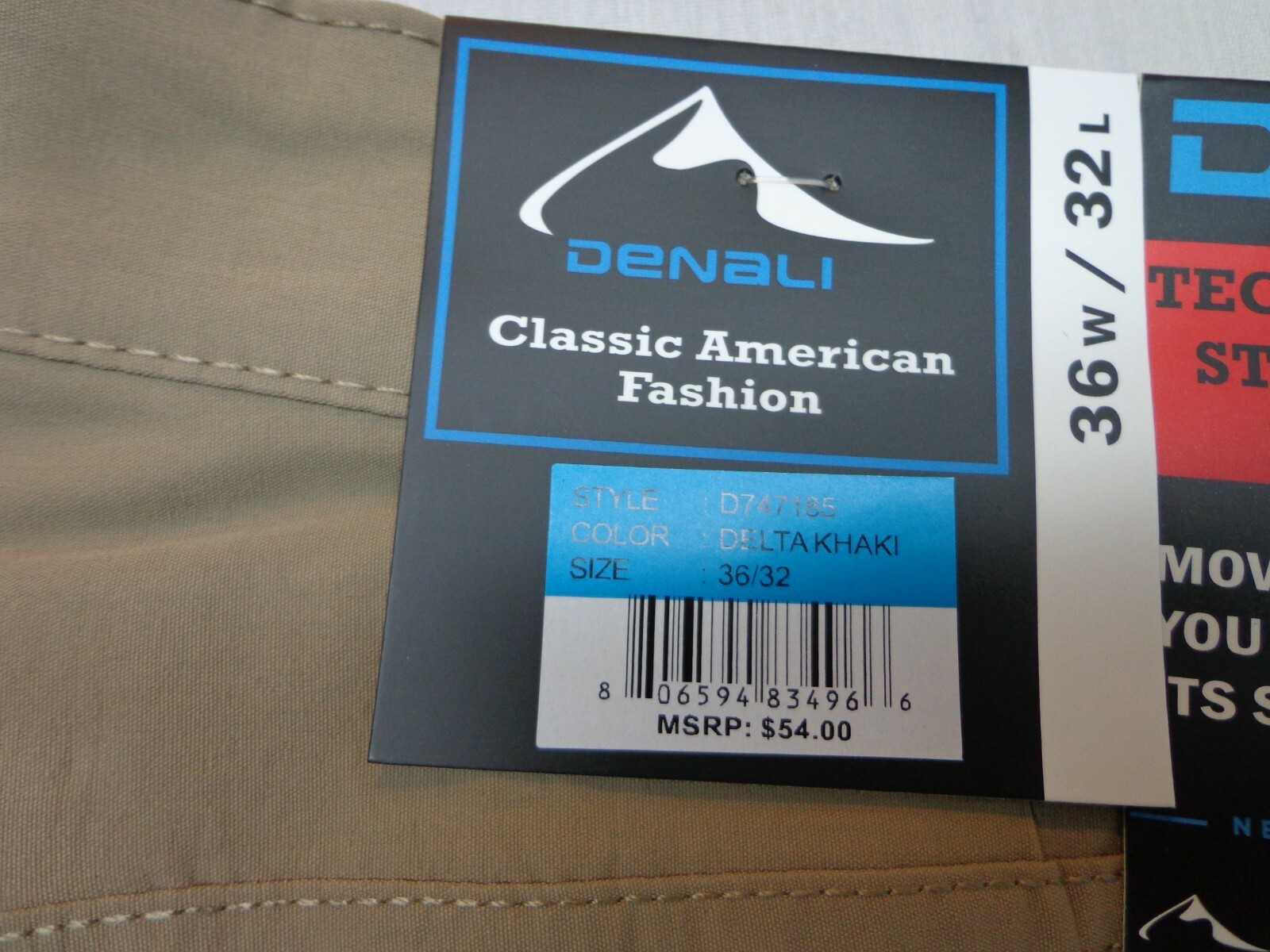 DENALI Delta Khaki Technical Stretch Pants NWT 36/32 MSRP $54