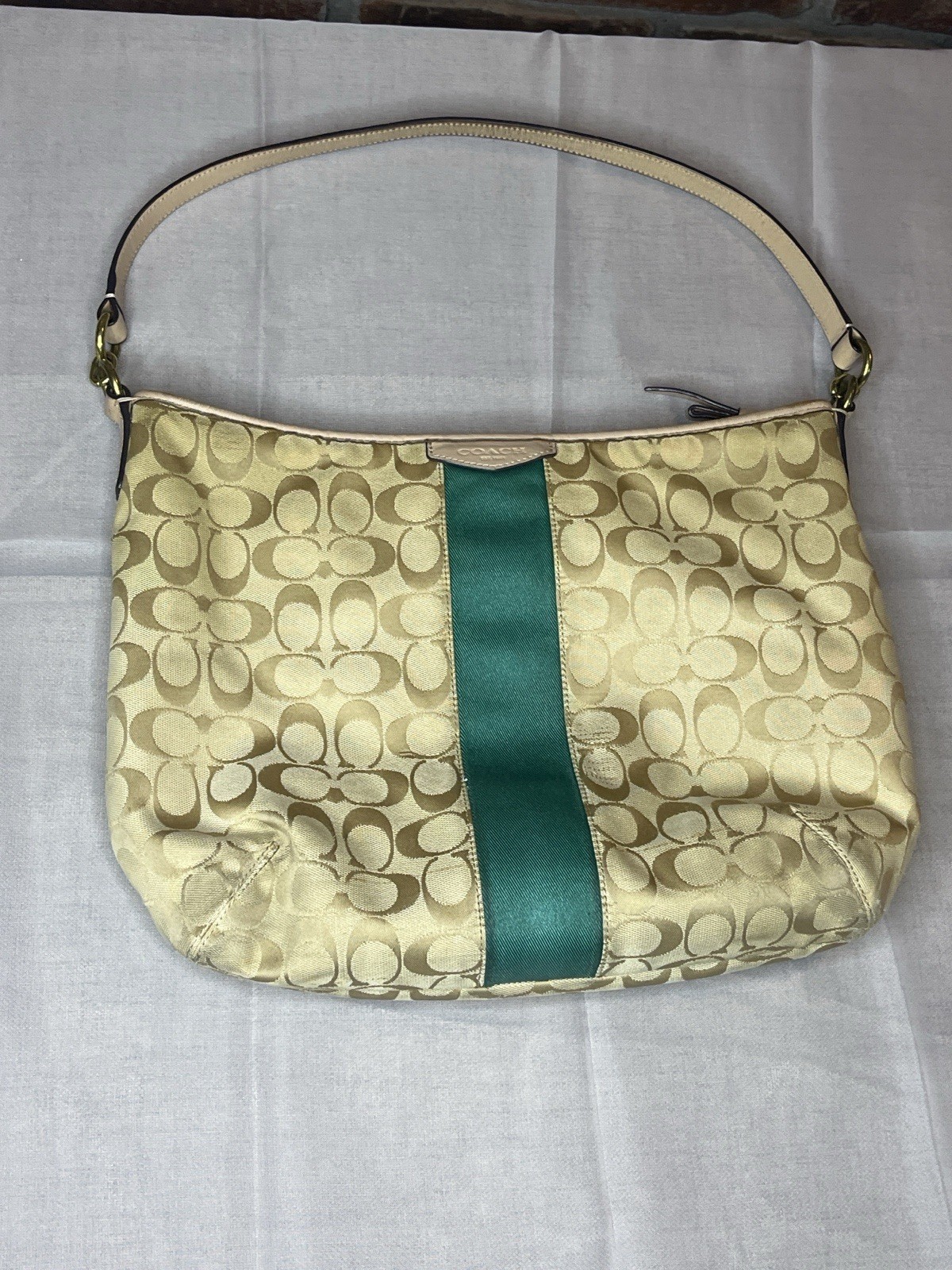 Coach Signature Monogram Crescent Shoulder Bag Beige/Green Stripe Zip Silver