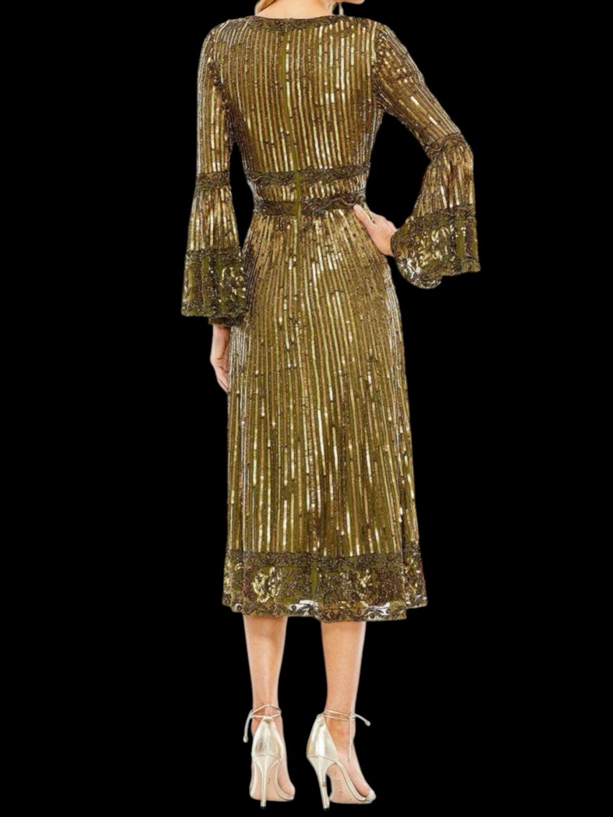 Mac Duggal 5591 Bell Sleeve Beaded Sequin Evening Dress Olive Gold NWT Size 14