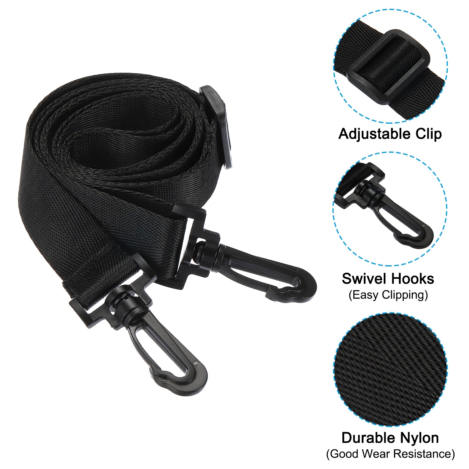 59″ Shoulder Strap 0.98″ Width Nylon Adjustable Strap Plastic Swivel Hooks Black