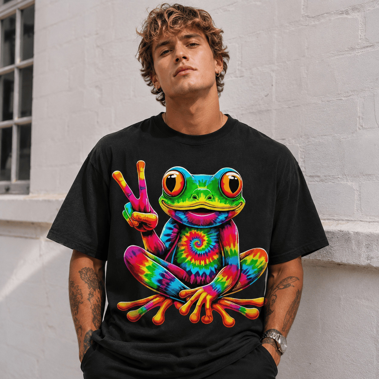 Tie Dye Peace Frog Graphic Tee – Retro Psychedelic Colorful Toad T-Shirt