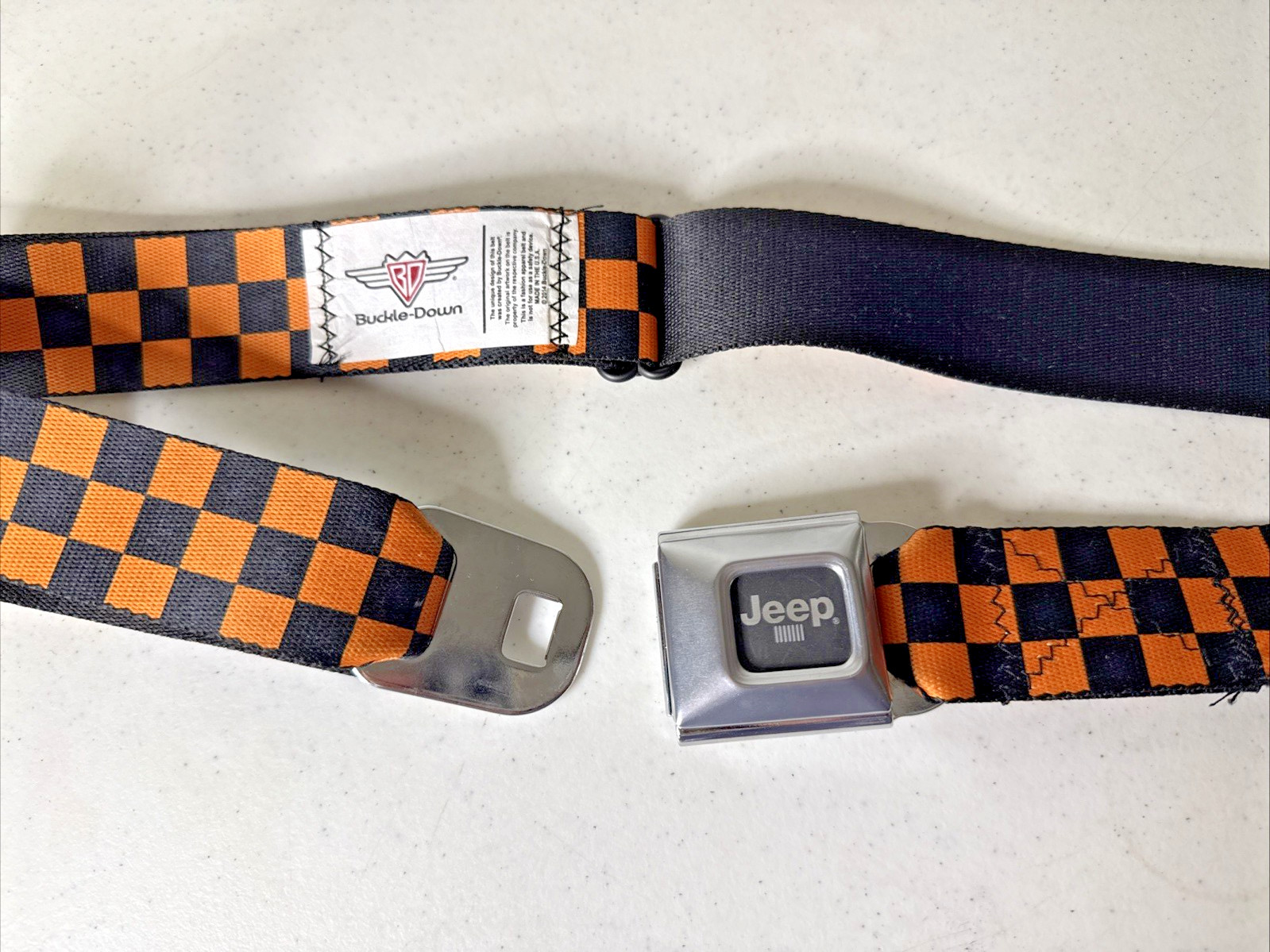 Buckle Down Seatbelt JEEP Logo Adjustable Belt Orange & Black Checkers Adult