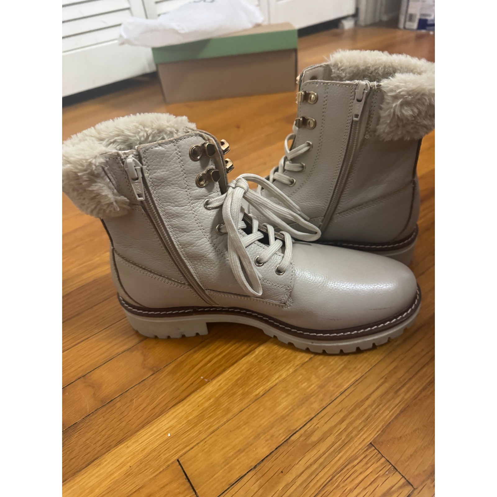 Alberto Torresi Women Light Grey Leather Faux Fur Trim Lace Up Combat Boots 40