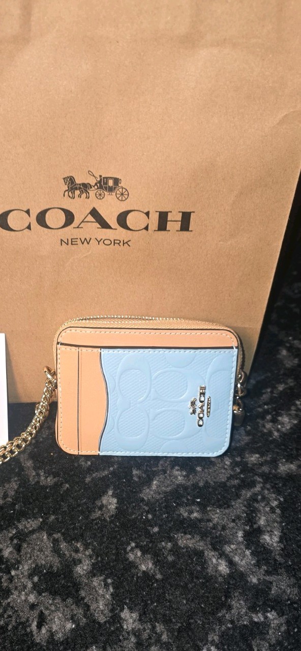 Coach Leather Logo Zip ID/Document Holder w/ Chain, Blue/Beige