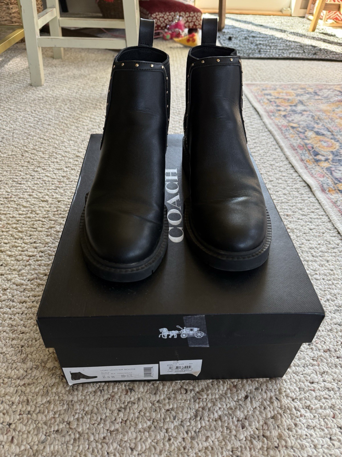 NWB Coach Women Lory Leather Bootie Black With Gold Detail sz 6.5