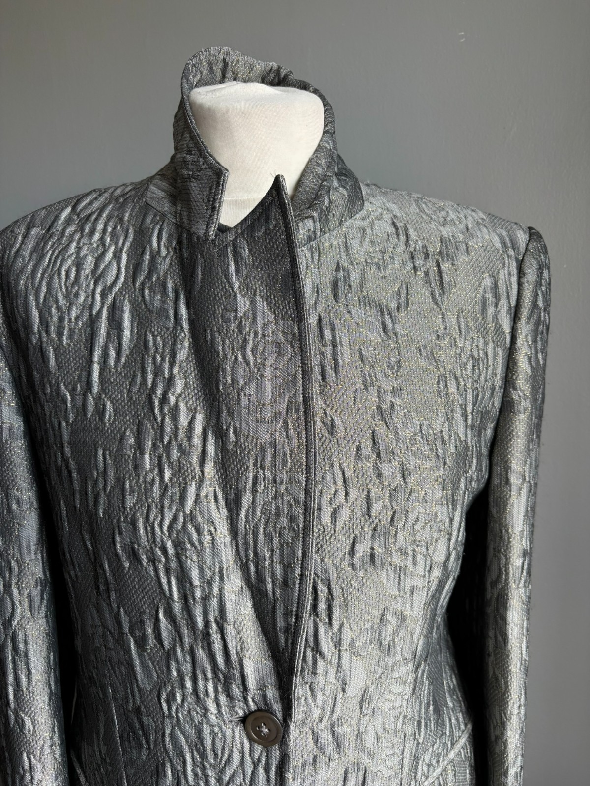 WHISTLES LONG LINE JACKET 10 jacquard shiny silver gold grey faux silk metallic