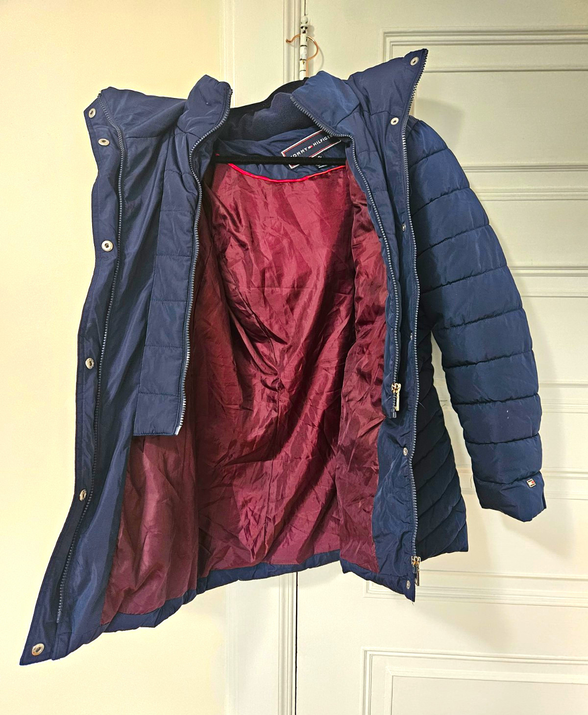 Tommy Hilfiger Blue Hooded Puffer Jacket Full Zip Faux Fur Trim M