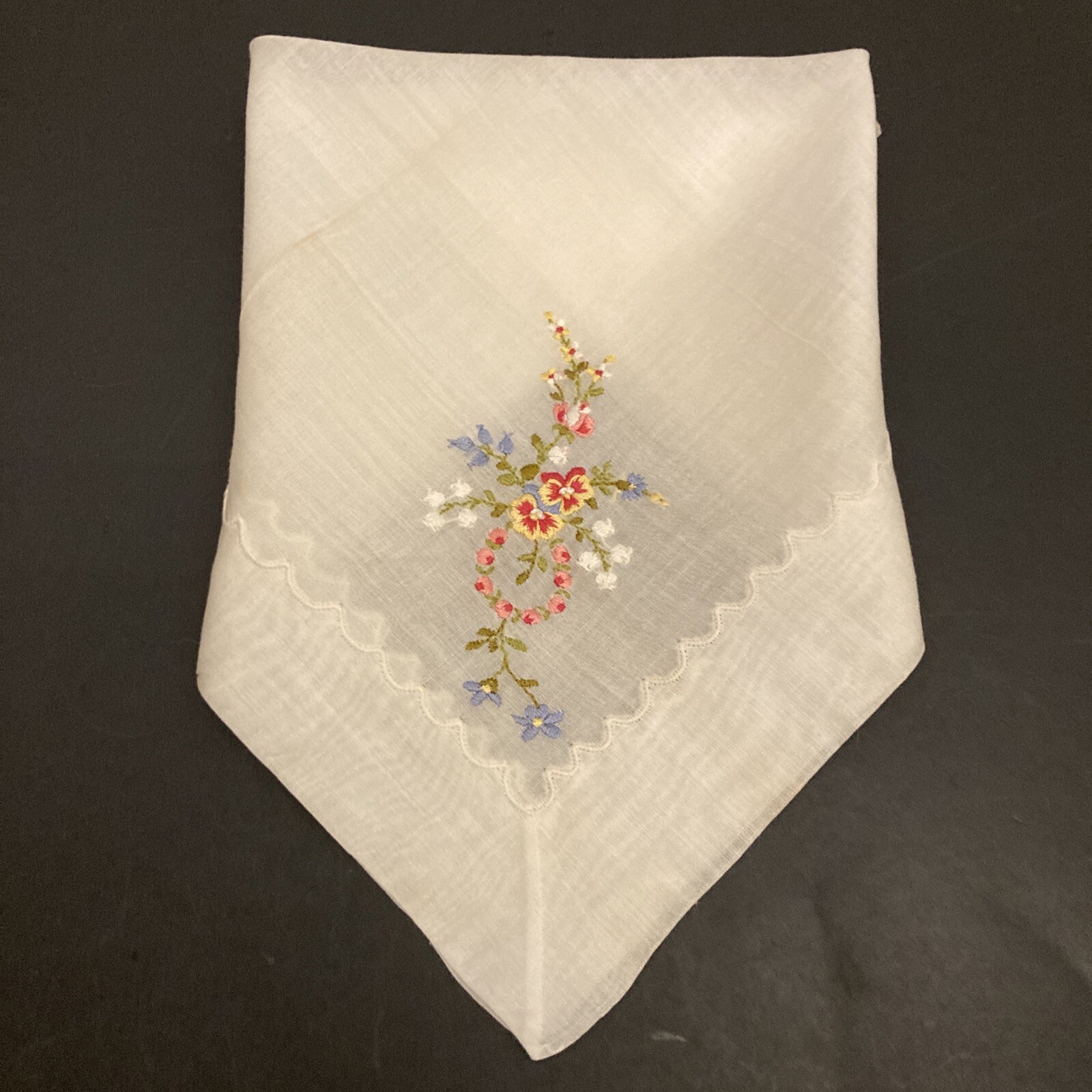 VINTAGE HANKY Handkerchief EMBROIDERY Flowers 12.5” X 12.5”