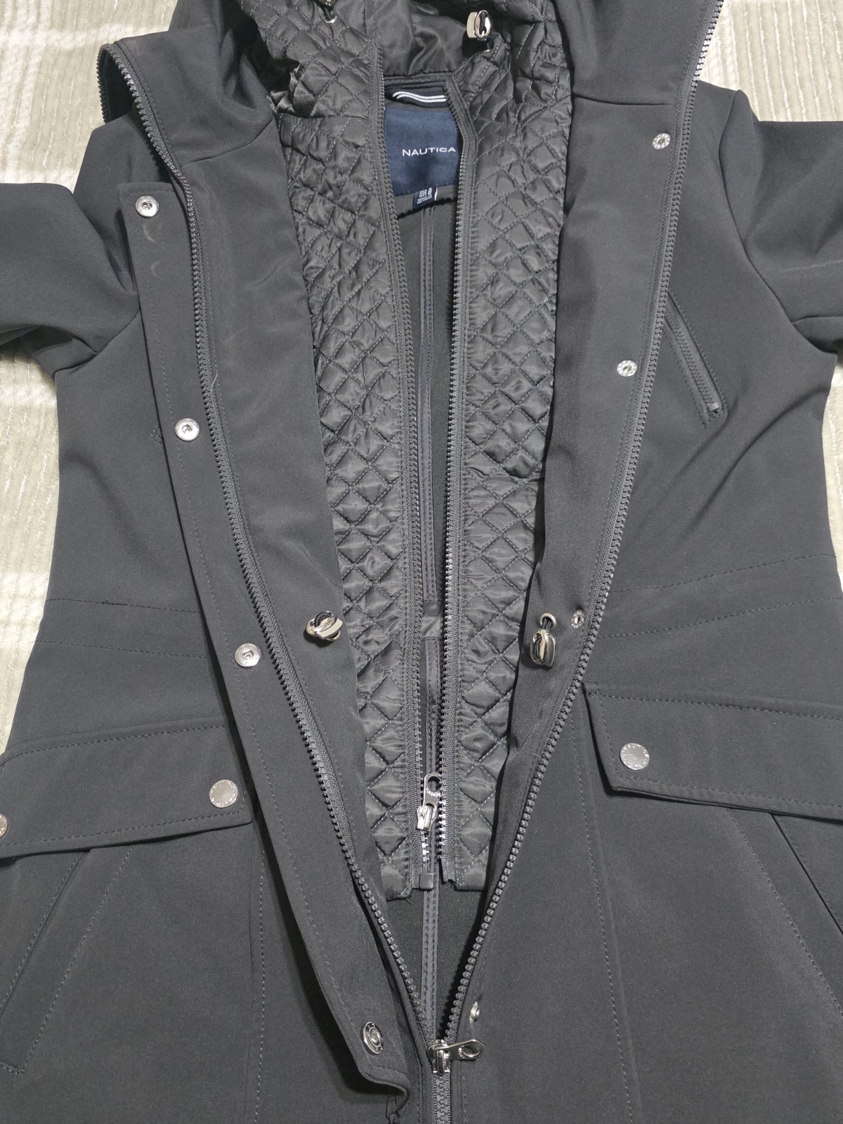 Nautica Women’s Black Hooded Mid-Length Jacket Full Zip Snap Pockets Size S