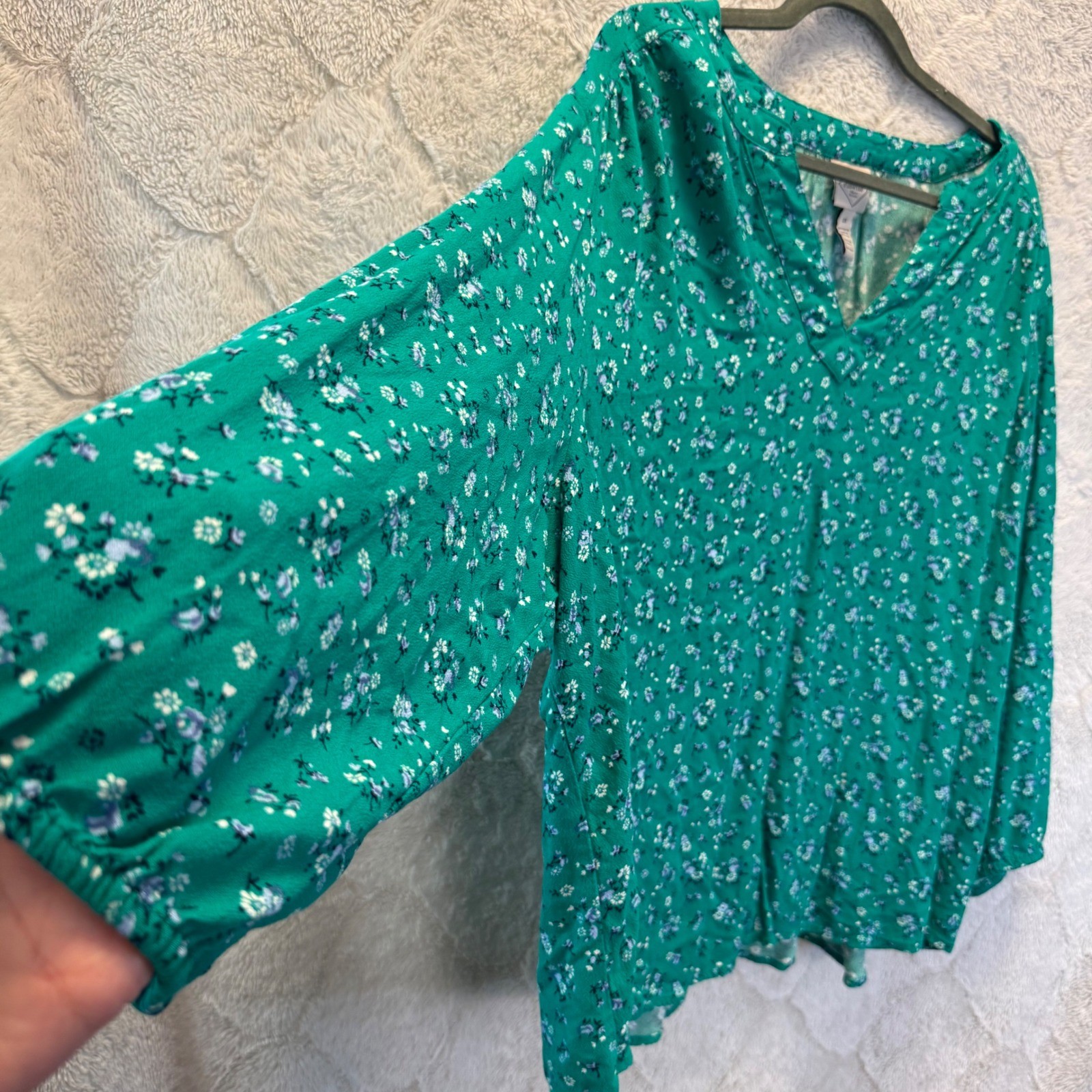 Green Ditsy Floral Long Sleeve Blouse Cottagecore Boho Spring Fall Plus Size 2X