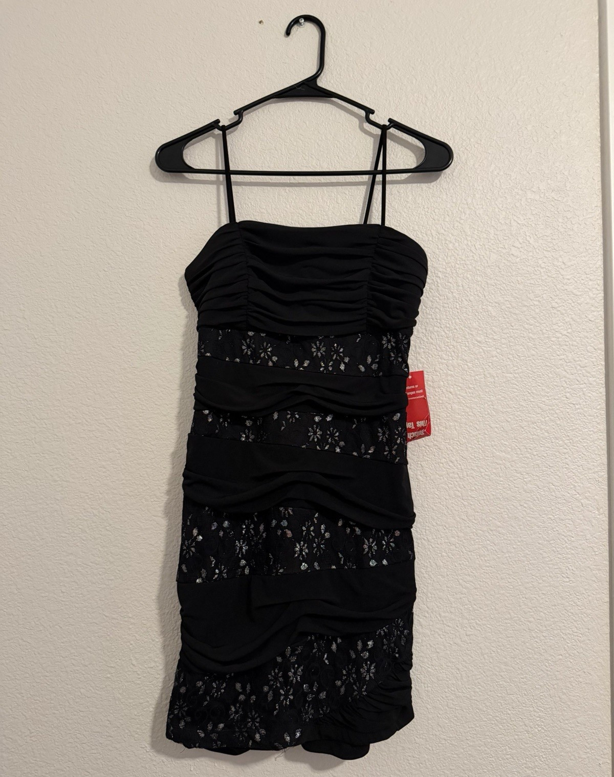 90s/00s Sweet Storm Women’s Black Floral Lace Ruched Mini Dress Size L