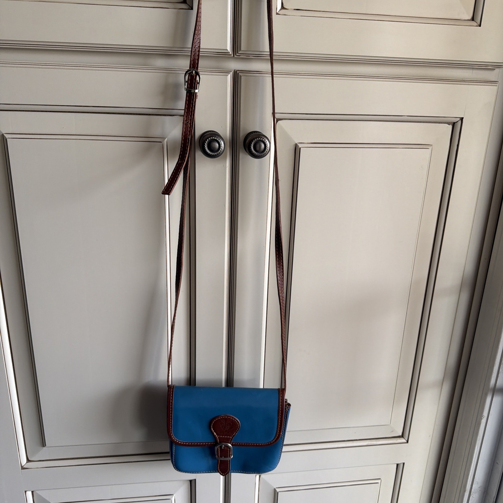 Vera Pelle Leather Crossbody Saddle Bag Genuine Italian Small Teal Blue/Brown