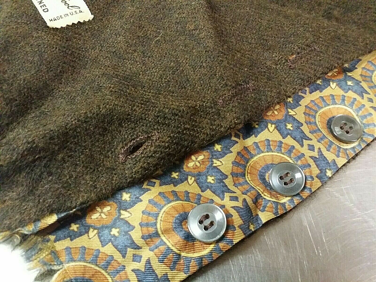 Vintage Reversible Scarf with Buttons, 100% Zephyr Wool & Silk, Brown Blue Tan