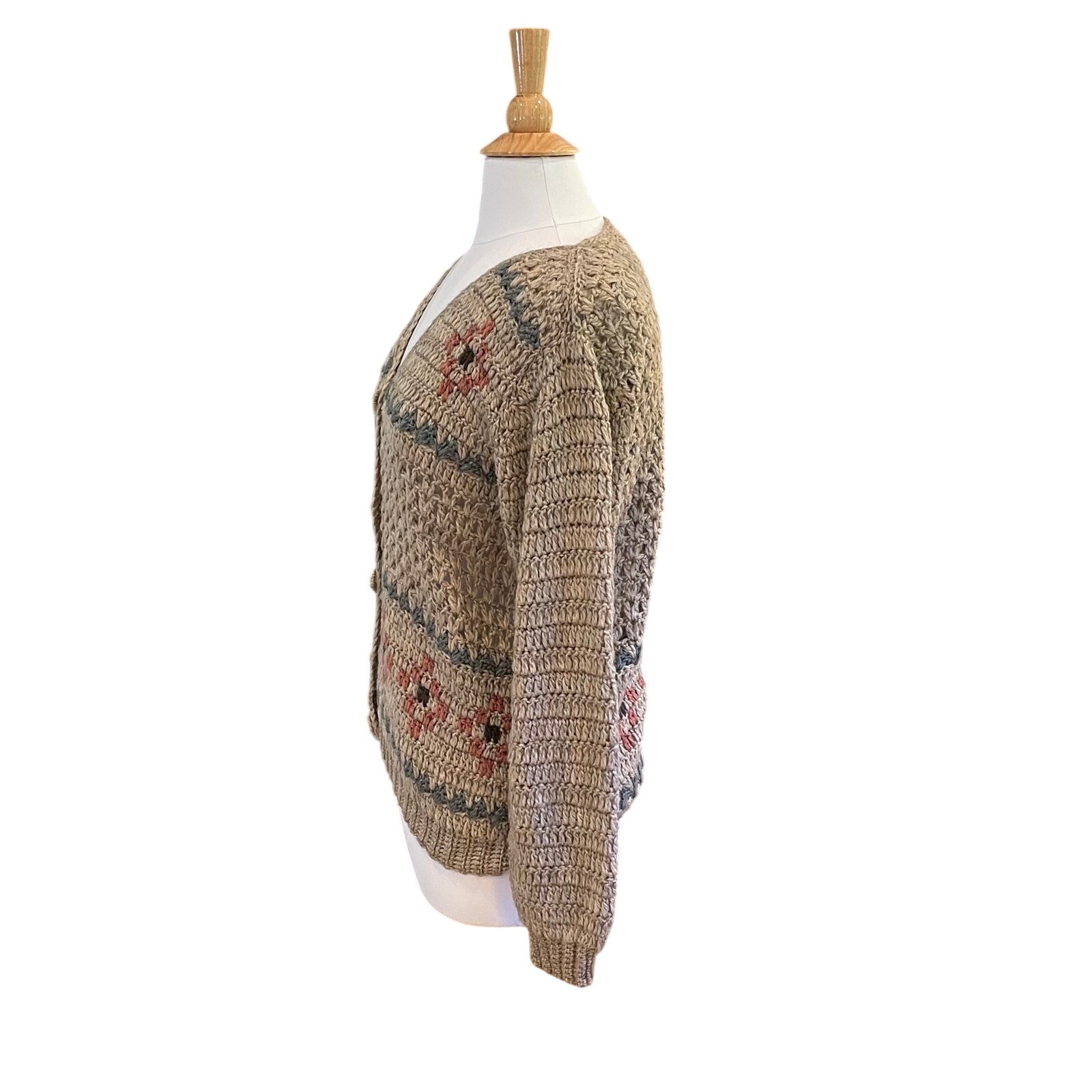 Vintage Lord & Taylor Tan Wool Blend Open Knit Crochet Cardigan, Floral, Size L
