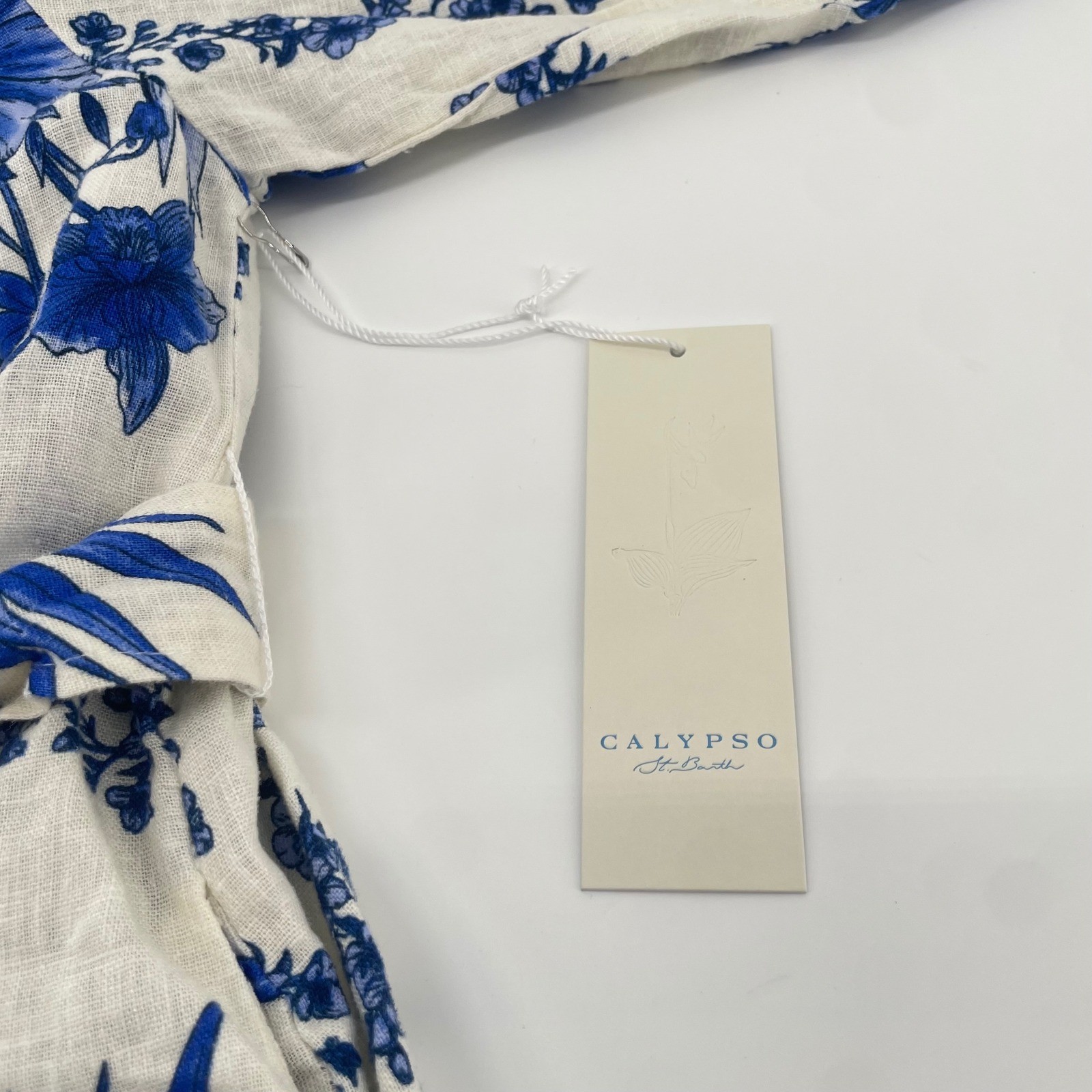 Calypso St Barth Shirt Dress Womens L Blue Floral Linen Tiered Belted Mini NWT