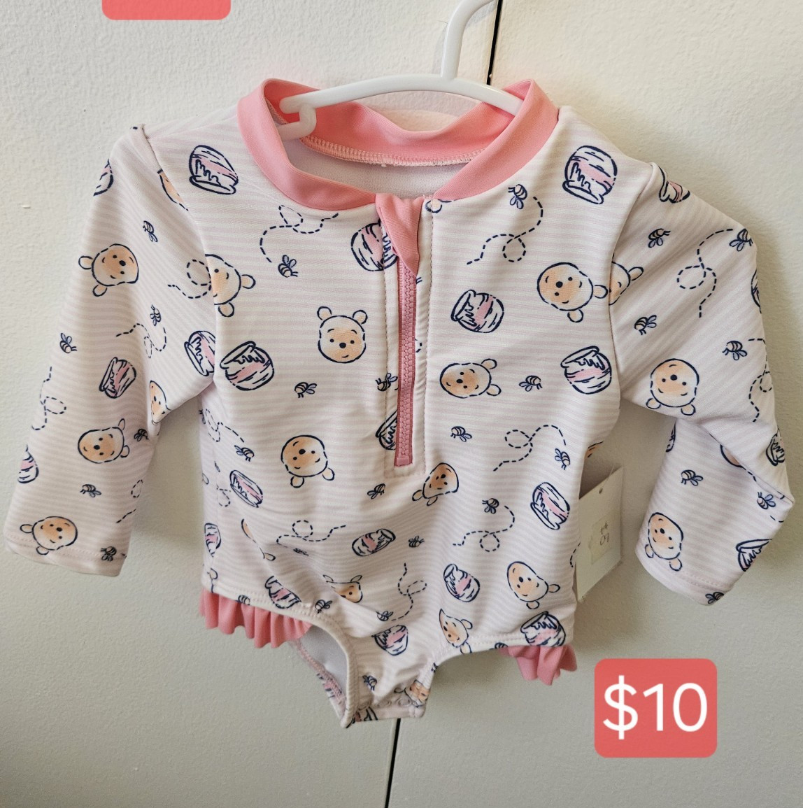 6M White Pink Bear Graphic Print Long Sleeve Zip Ruffle Collared Bodysuit