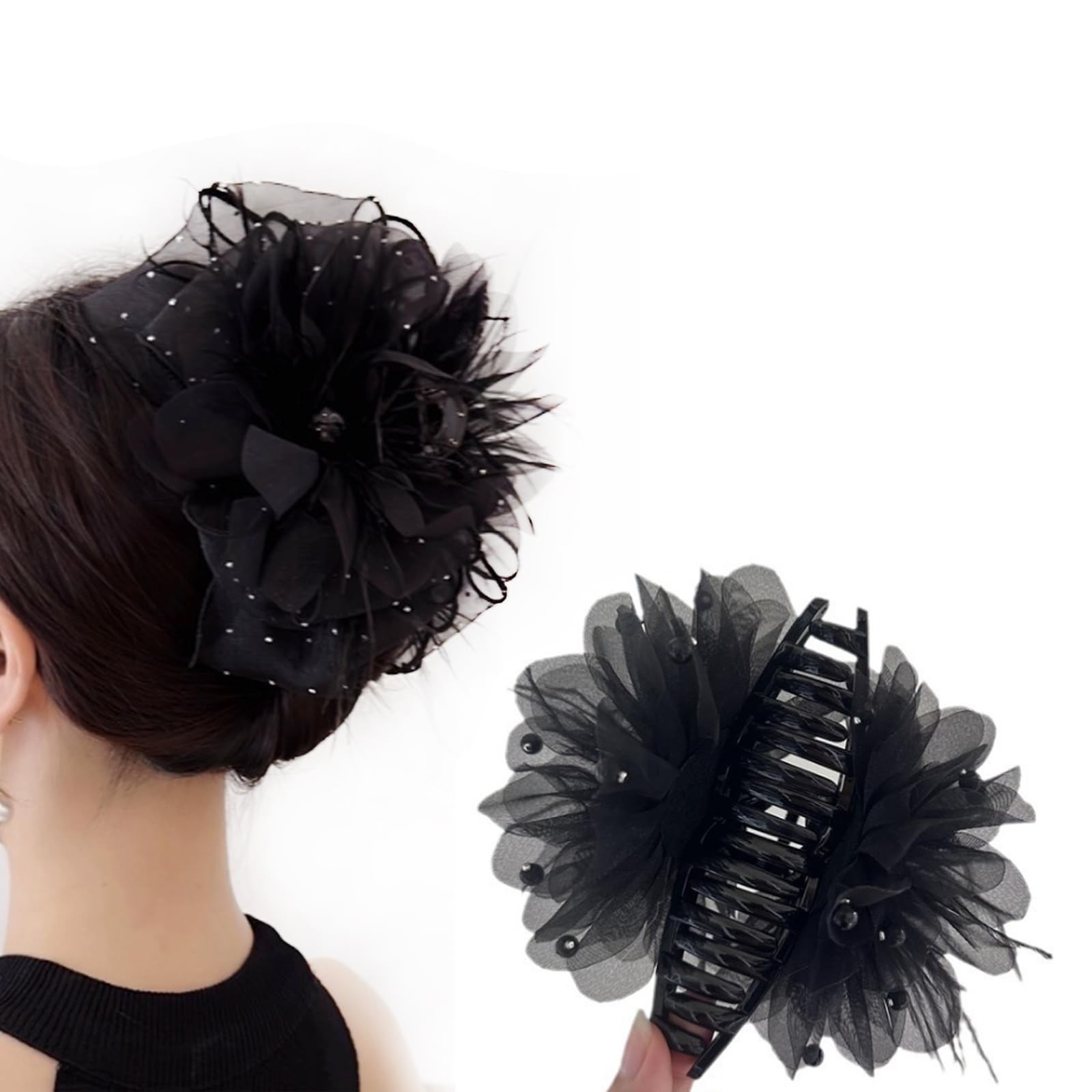 AsggBah Hair Clip with Flower, Bird Feather and 1 Count (Pack of 1), black