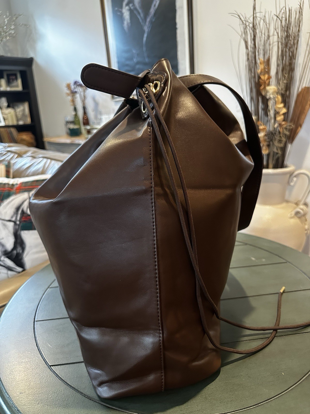 Inside Out Women Brown Bucket Drawstring Bag | Detachable Strap | Gold | Pockets