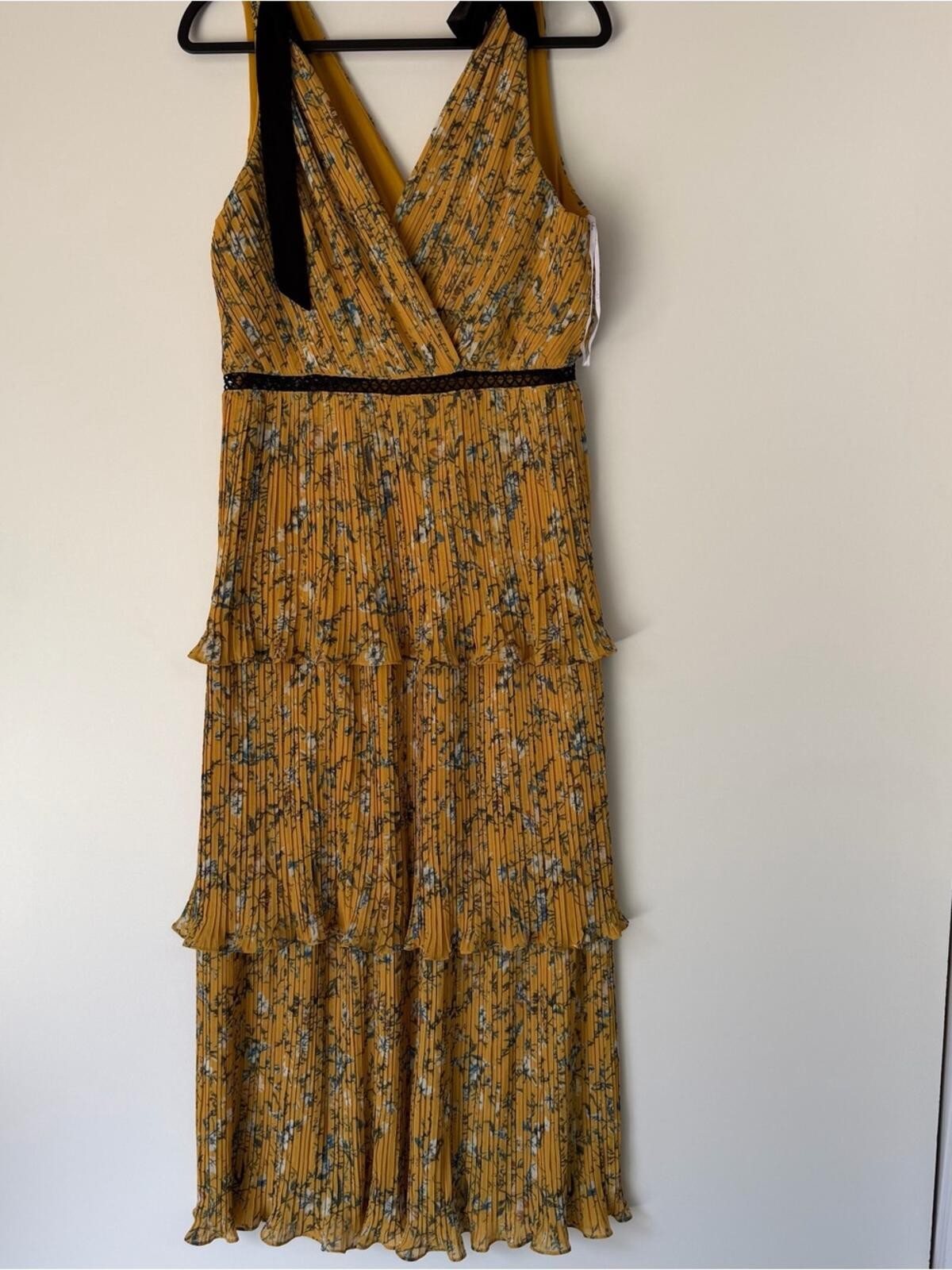 Lulus Such Sophistication Yellow Floral Tiered Maxi Dress with Black Trim