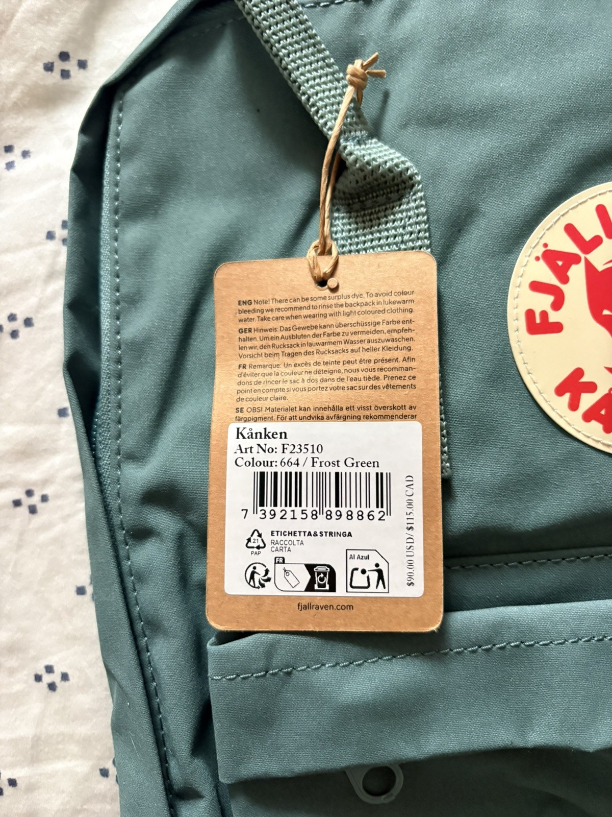 Fjallraven Kanken (FROST GREEN ) Backpack NWT F23510