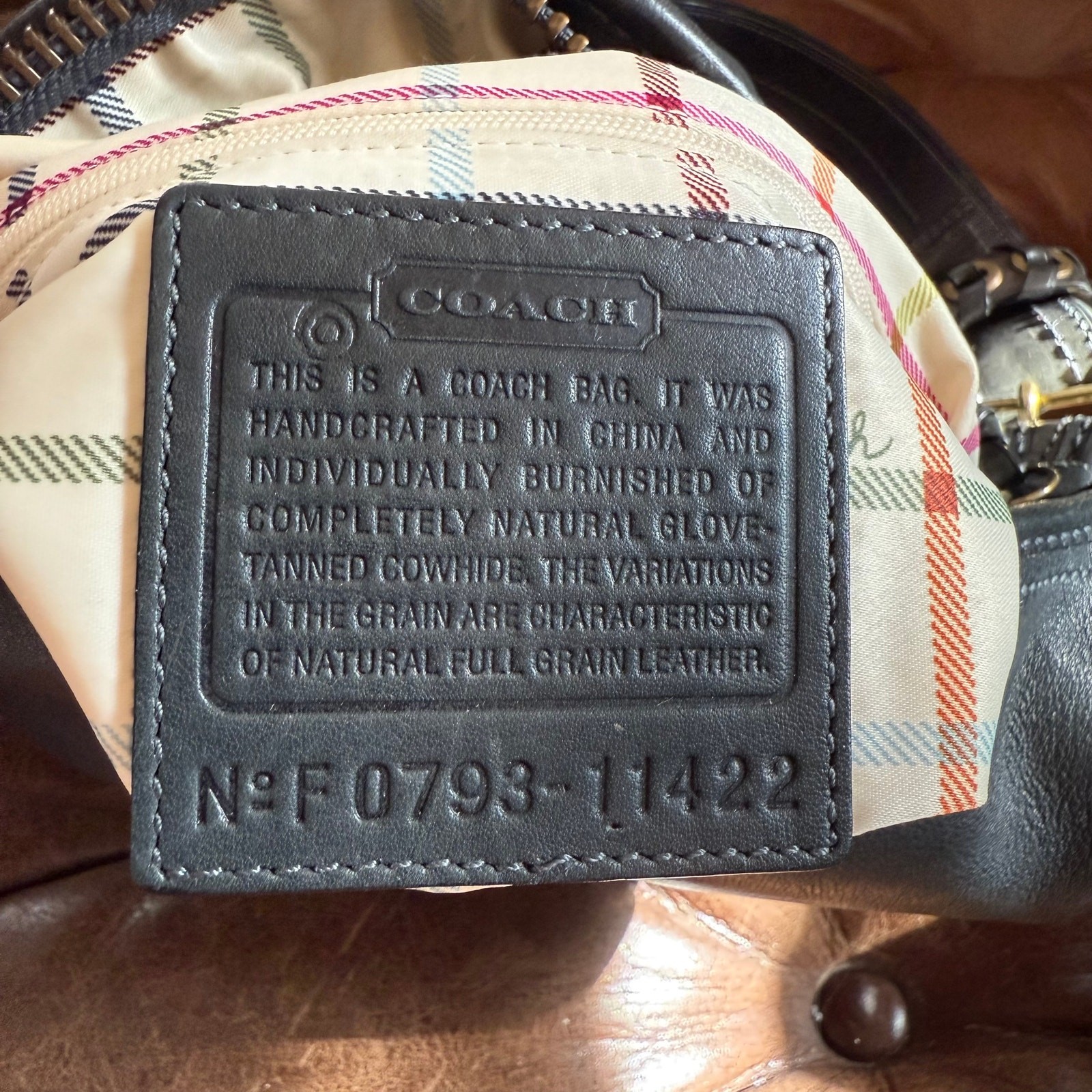 Coach Bleecker Leather Bucket Duffle Bag F0793-11422 Navy Tattersall Lined