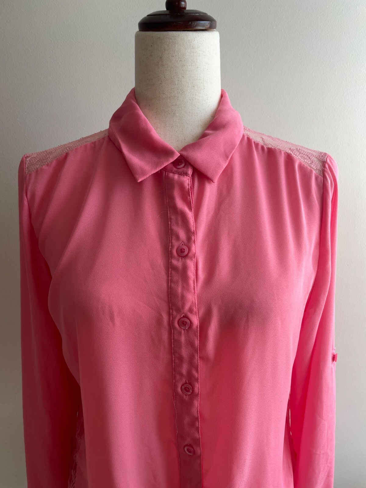 Candies Button Up Blouse Womens L Pink Lace Roll Tab Sleeve Y2K Coquett