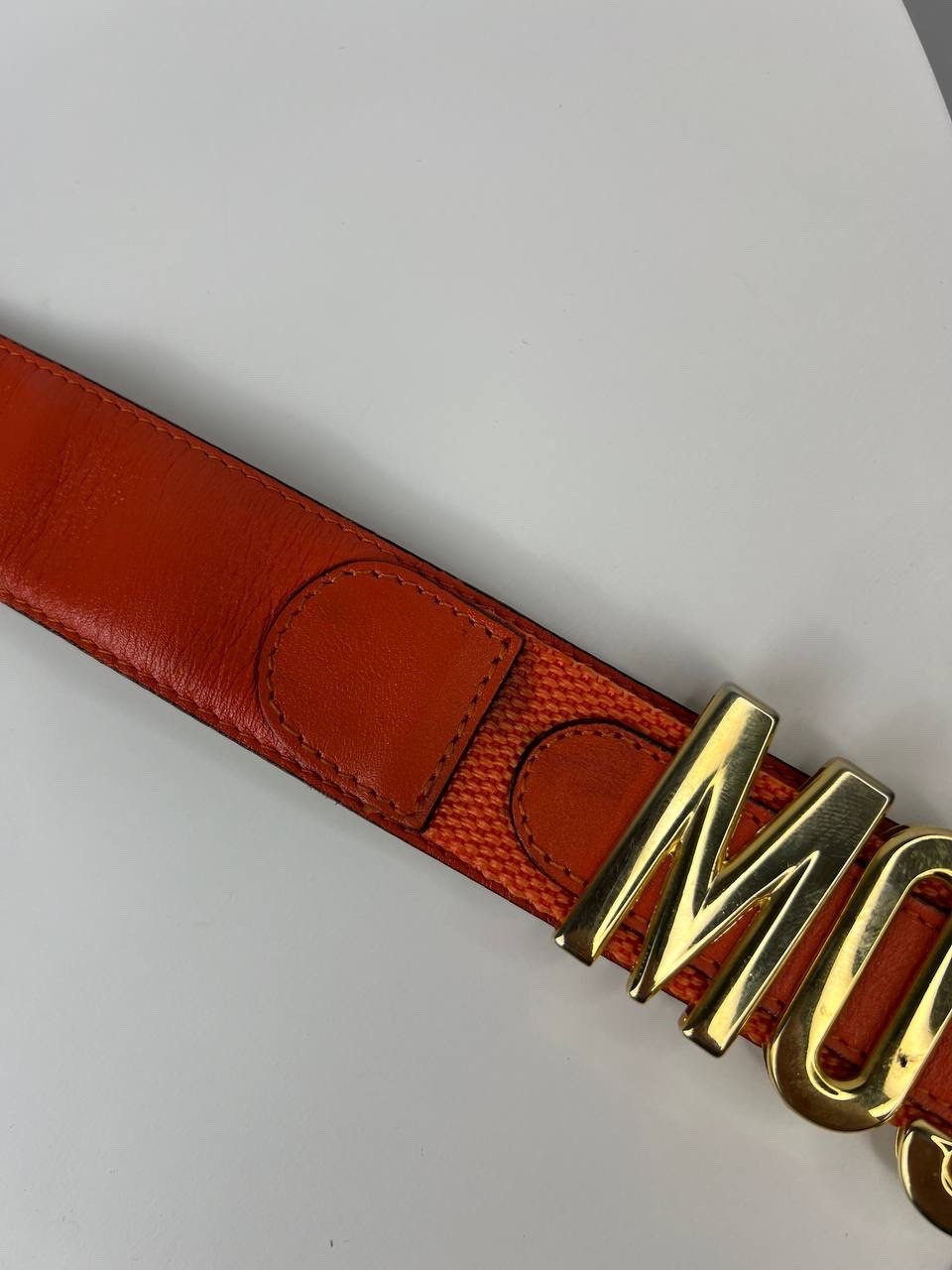 Vintage MOSCHINO Redwall Orange Leather Belt Gold Letter Logo Size 42 Italy Rare