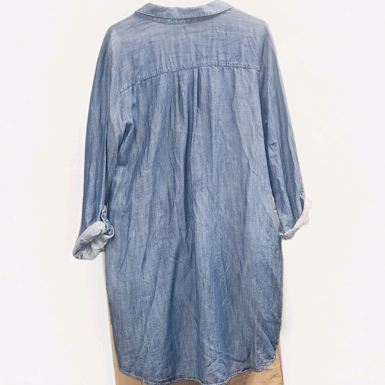 LOFT L Blue Denim V-Neck Pullover Long/cuffed Sleeve Shift Dress Pockets Jean