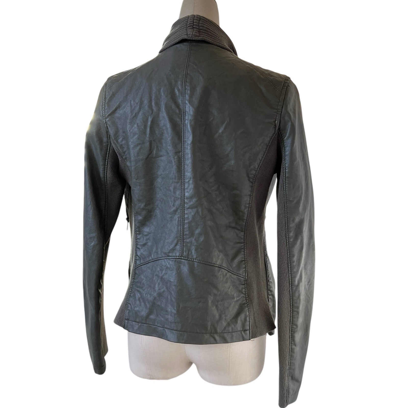 Blank NYC Moto Jacket Vegan Leather Knit Mixed Media Olive Green Sz Small