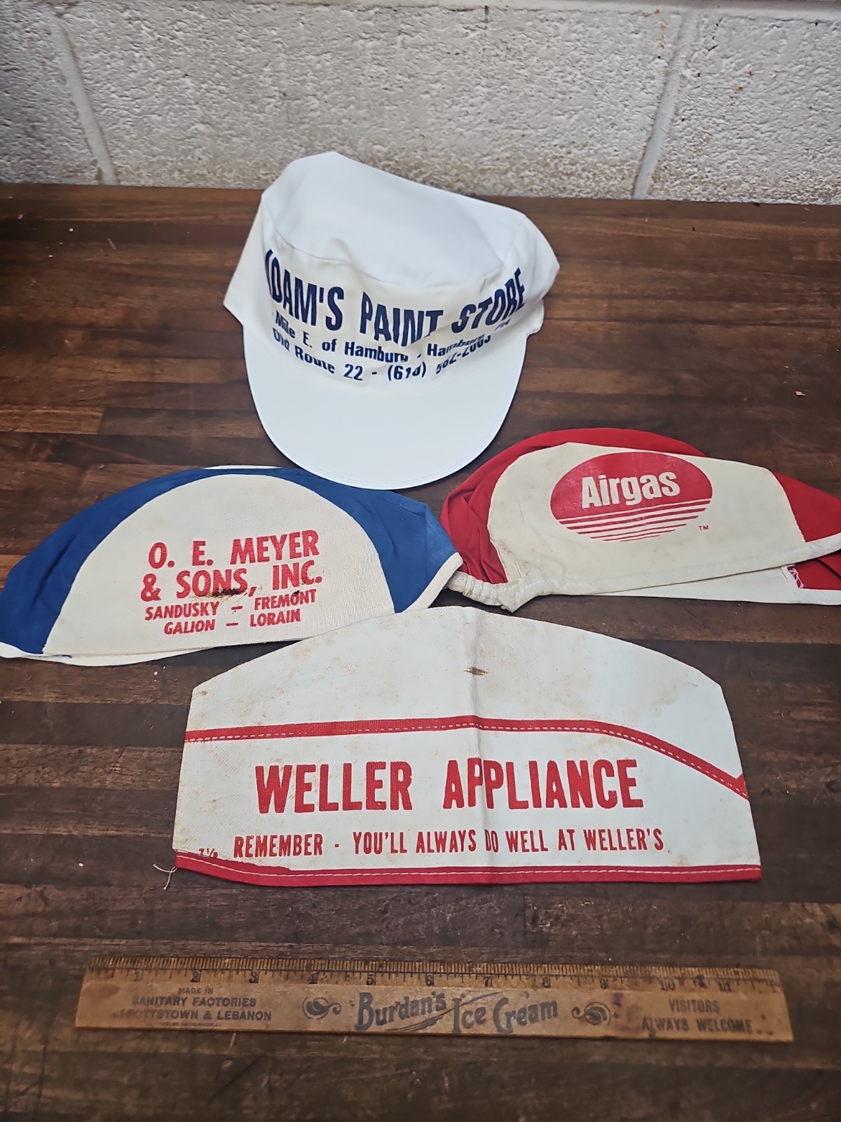 B84- 3 Vintage Welding welder’s Skull Caps + Adam’s Paint Store Painter Hat