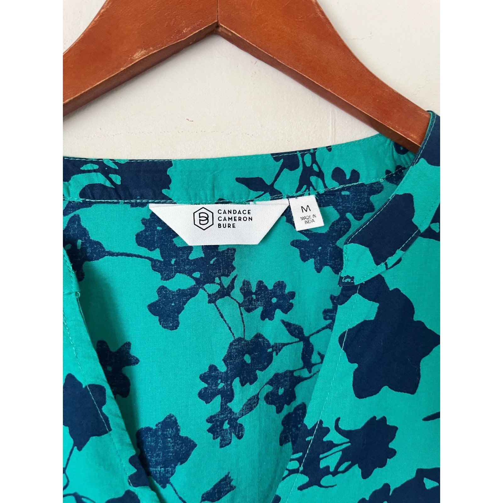 Candace Cameron Teal Green Navy Blue Floral Cotton Blouse Long Sleeve M boho