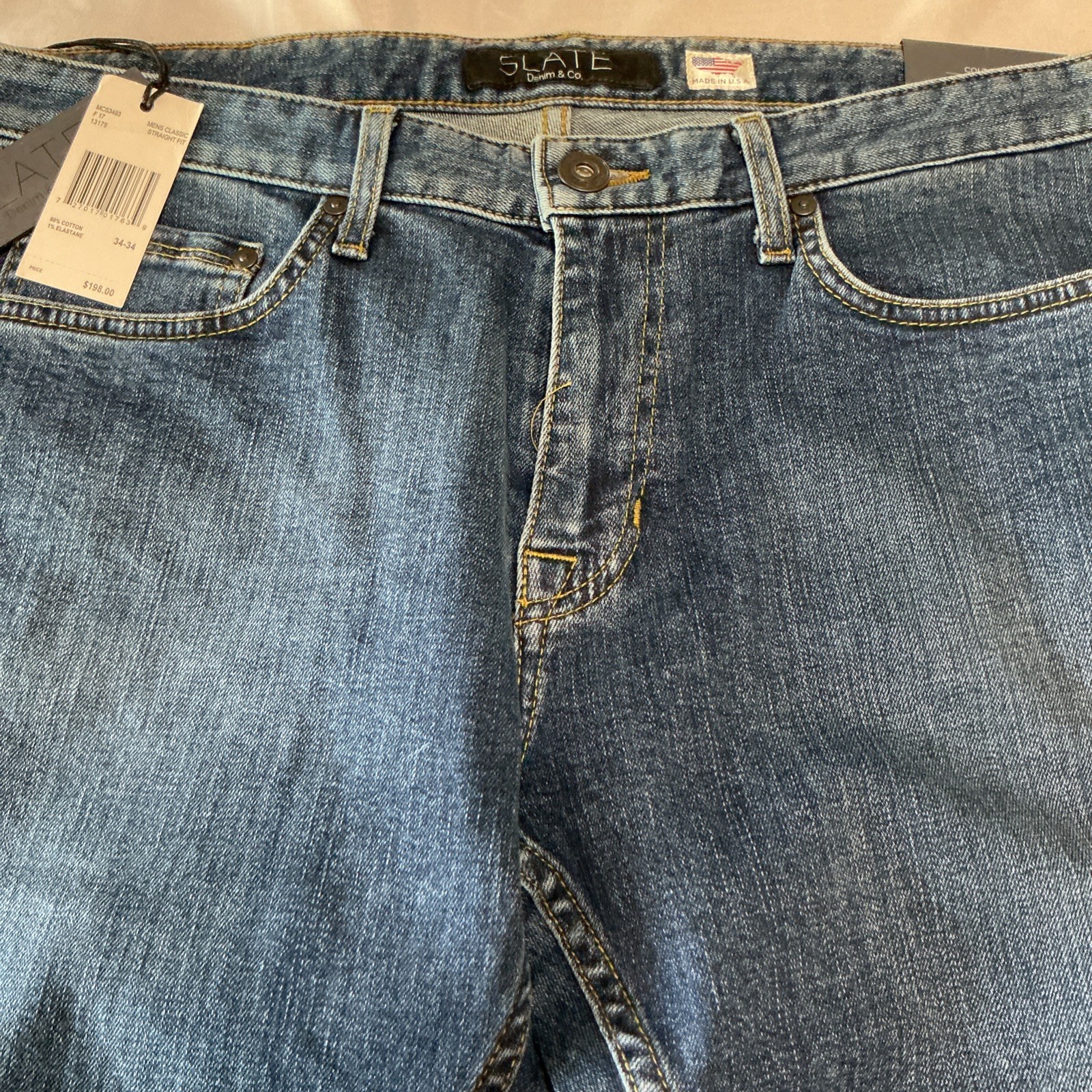 SLATE Denim & Co New Classic Straight Jeans 34×34 Men’s MADE IN USA MSRP $198